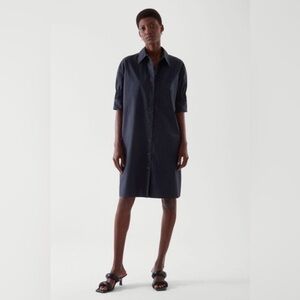 COS Smocked Shirt Dress Short Sleeve Button Up Dark Navy Blue Size 10 Minimalist